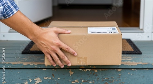 Delivery Package on Front Porch with Hand Grabbing It