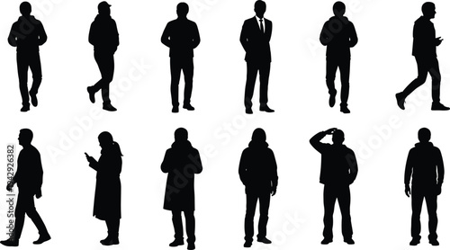 Standing and walking people silhouettes, twelve figures in varied poses, casual and formal clothing, vector illustration of human posture, motion artwork, design concept