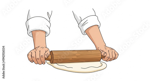 Hands Rolling Dough with Wooden Roller.