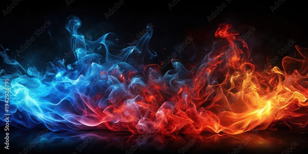 Fototapeta premium Abstract fiery and icy swirls dance across a dark background, creating a captivating visual spectacle of contrasting elements.