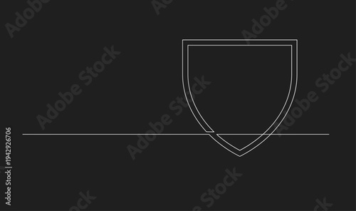 Minimalist double outline shield icon with horizontal line, continuous line art drawing on black background.