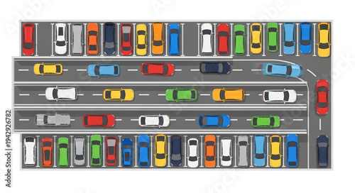 Aerial View of Busy City Street with Traffic and Parking Lot.