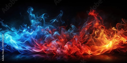 Abstract fiery and icy swirls dance across a dark background, creating a captivating visual spectacle of contrasting elements.