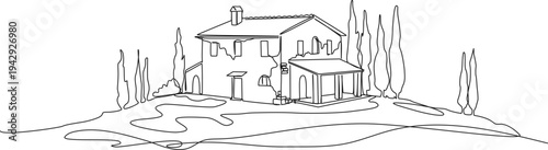 continuous line drawing of house on hill, tuscany style villa, line art vector illustration