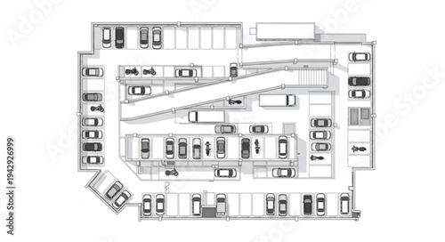 Detailed architectural plan of a multi-level parking garage with ramps and car spaces.