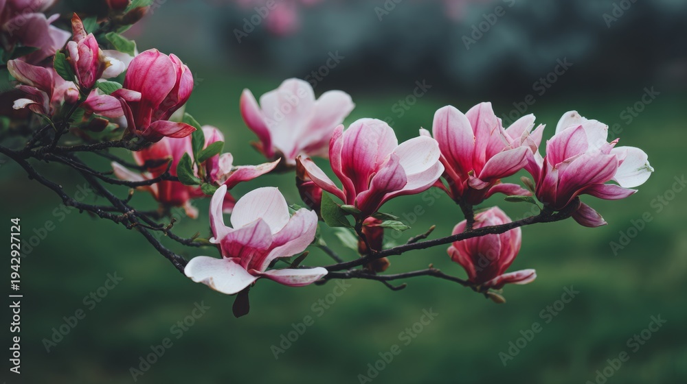 Obraz premium Pink magnolia flowers on branch with green leaves in background, close-up view showing delicate petals, bloom, plant, nature, spring, outdoor, sunlight, fresh vibrant colors, floral scene