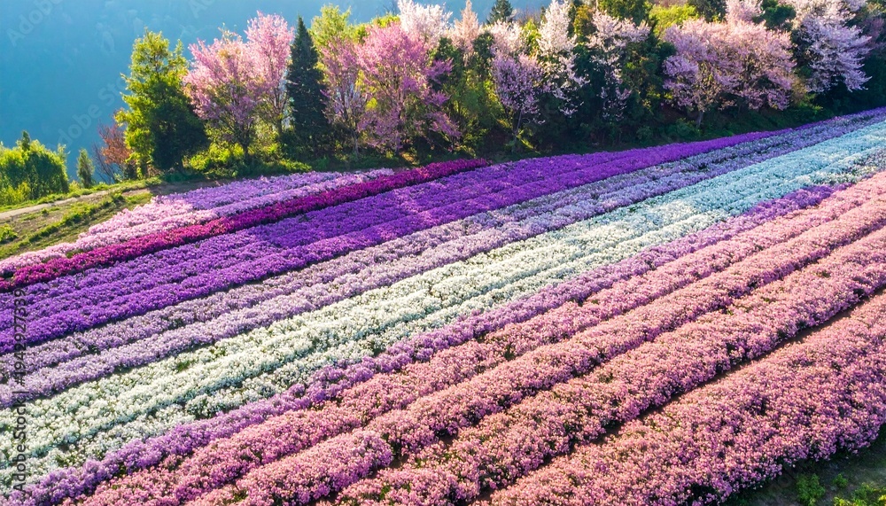 Obraz premium Aerial view of vibrant lavender fields in spring with blooming flowers and lush greenery