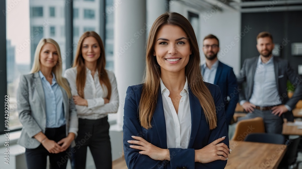 Fototapeta premium Portrait of Confident Businesswoman with Colleagues in Modern Office Setting