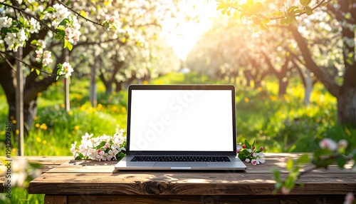 A laptop sits on a wooden table in a serene orchard with blooming flowers AI Generative