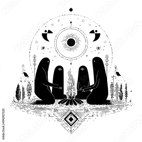 Mysterious hooded figures gather around campfire under celestial symbols and moon phases at night