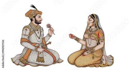 Illustration of a traditional Indian man and woman sitting cross-legged, dressed in ornate attire, exchanging flowers on a plain white background.