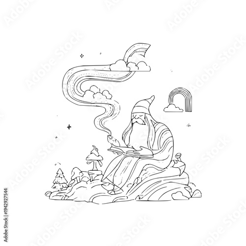 Wise old wizard reads ancient book outdoors under a magical rainbow sky with mystical smoke