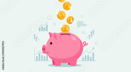 Savings and financial growth concept vector illustration featuring pink piggy bank with coins investment savings money management personal finance planning banking and financial growth concept isolate