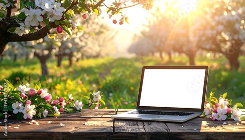 A laptop sits on a wooden table in a serene orchard with flowers AI Generative