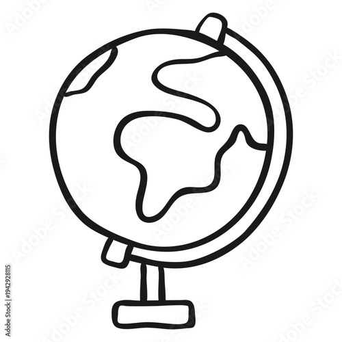 Hand-drawn line art illustration of a terrestrial globe on a stand