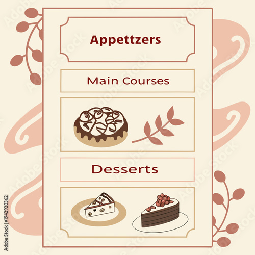Elegant cafe menu card with categories for appetizers main courses and desserts showing hand drawn pastry and cake illustrations on light background