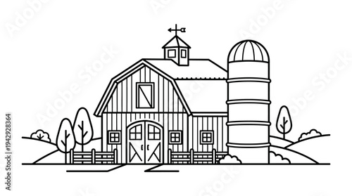 Outline vector icon of farm barn building with silo, rural agriculture infrastructure symbol, clean line vector style, isolated on white background, no text, no gradient
