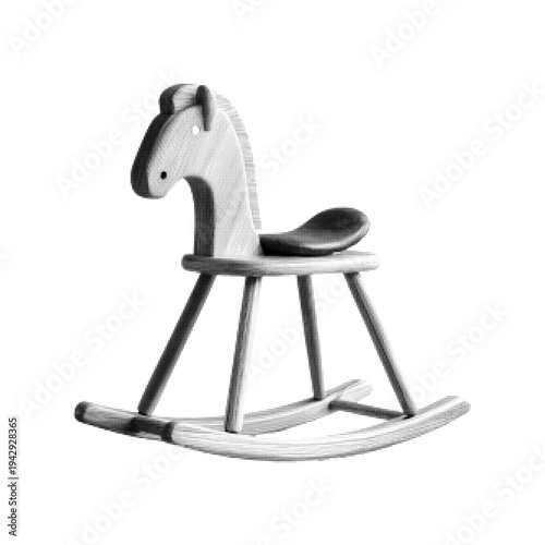 Minimal wooden rocking horse chair in halftone style. Vintage nursery toy furniture isolated on light background, simple Scandinavian inspired illustration of childhood playroom decor.