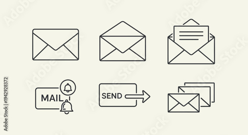Email communication envelope line icon set vector illustration representing digital messaging concept internet mail communication symbols minimal outline envelope icons isolated background ideal for e