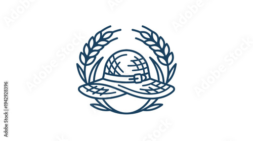 Outline vector icon of farmer hat with wheat leaves, agriculture worker symbol, simple line design, isolated on white background, no text, no gradient