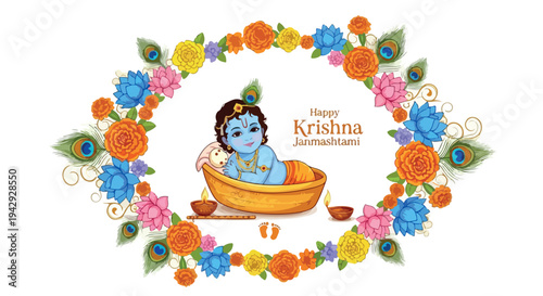 Illustration of baby Krishna sitting in a bowl surrounded by a floral wreath with peacock feathers on a white background.