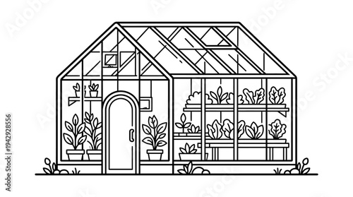 Outline vector icon of greenhouse building with plants inside, modern farming symbol 
