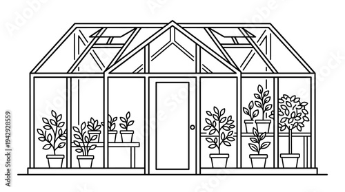 Outline vector icon of greenhouse building with plants inside, modern farming symbol 