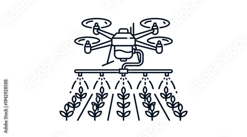 Outline vector icon of agricultural drone spraying crops, smart farming technology symbol