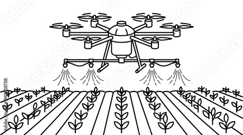 Outline vector icon of agricultural drone spraying crops, smart farming technology symbol