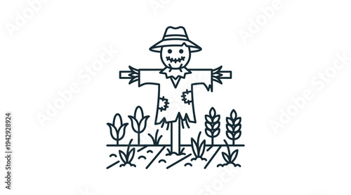 Outline vector icon of scarecrow in crop field, farm protection symbol
