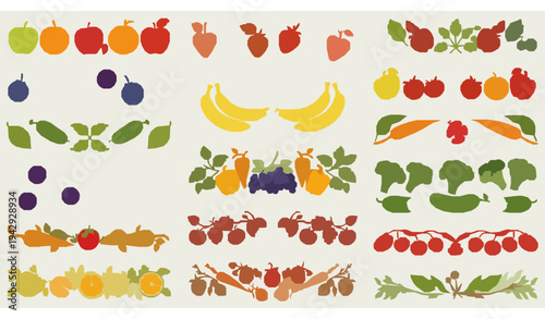 Fruits vegetables and berries vector corner borders with colorful fresh produce decoration set