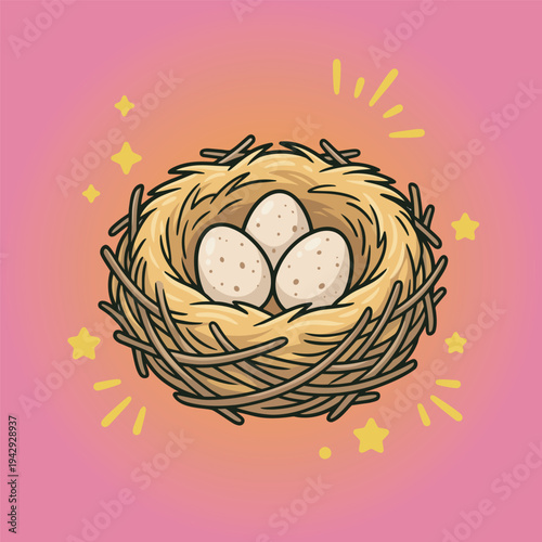 Cute Cartoon Bird Nest with Three Eggs