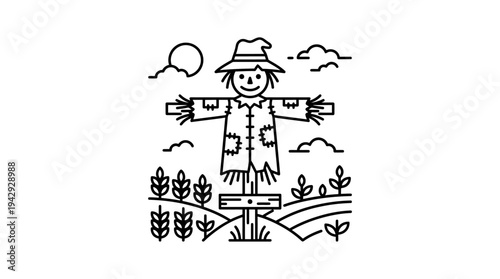 Outline vector icon of scarecrow in crop field, farm protection symbol