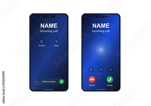 Incoming Call Smartphone Screen UI mockups. Realistic vector smartphone  incoming call screens with accept, decline, reply, swipe controls in a modern blue gradient style. Vector Call screen in App