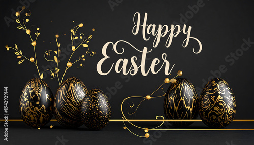 A festive Easter decoration with golden eggs and Happy Easter text on a dark background AI Generative