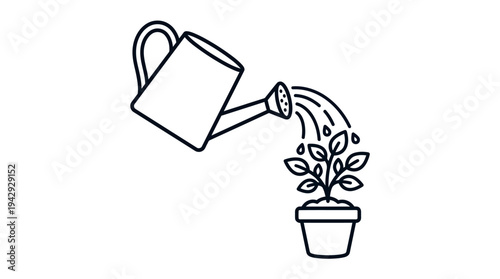 Outline vector icon of watering can pouring water on plant, gardening and agriculture symbol 