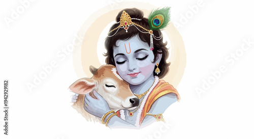 Illustration of a Hindu deity hugging a dog with a serene expression against a beige background.
