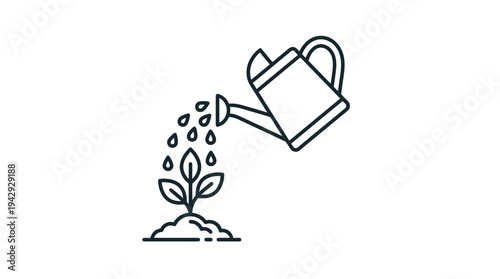 Outline vector icon of watering can pouring water on plant, gardening and agriculture symbol 