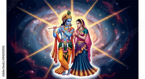 Illustration of Krishna and Radha standing together in traditional Indian attire against a vibrant cosmic background with starburst effect.