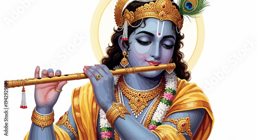 Illustration of Krishna playing a flute with a serene expression, adorned in traditional Indian attire and jewelry against a simple background.