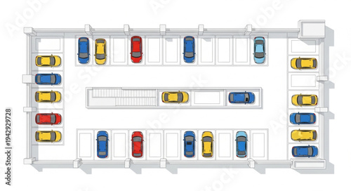 Aerial view of a parking garage with many cars parked.