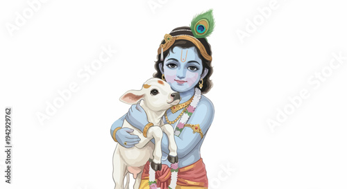 Illustration of a blue-skinned deity holding a white goat with a peacock feather on his head against a plain white background.