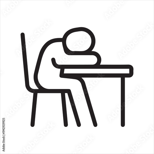 Person sleeping at desk, linear icon. Fatigue from work or study. Line with editable stroke.