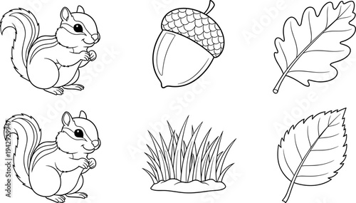 Cute cartoon chipmunks, acorn, and autumn leaves in a simple line art style