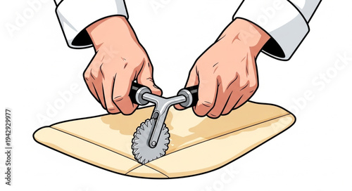 Hands Using Pizza Cutter on Dough.