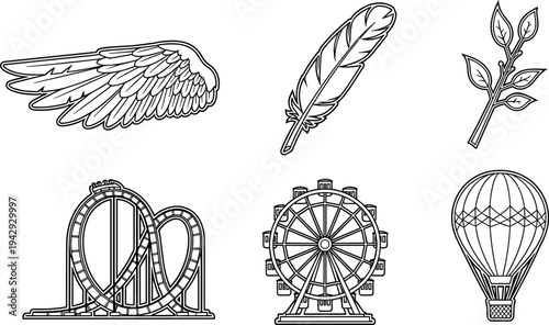 Collection of whimsical line art icons including a wing, feather, branch, roller coaster, Ferris wheel, and hot air balloon