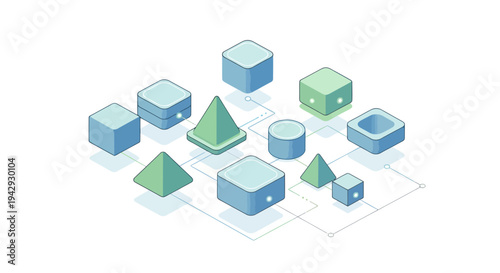 Isometric 3D Geometric Shapes Arranged on a Grid.