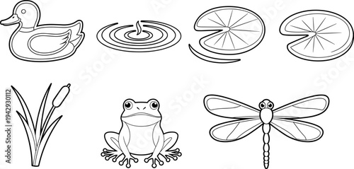 Collection of simple line art pond creatures and plants for coloring