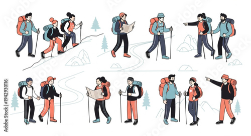 Hikers Walking in Snowy Landscape.