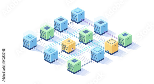 Isometric Blockchain Network with Connected Data Blocks.